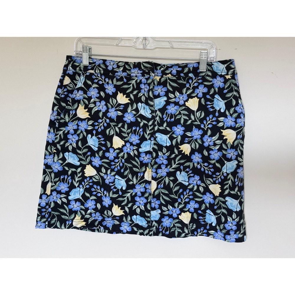 Karen Scott Petites Floral Mini Skirt Black Blue Yellow Cotton Stretch Size 10P